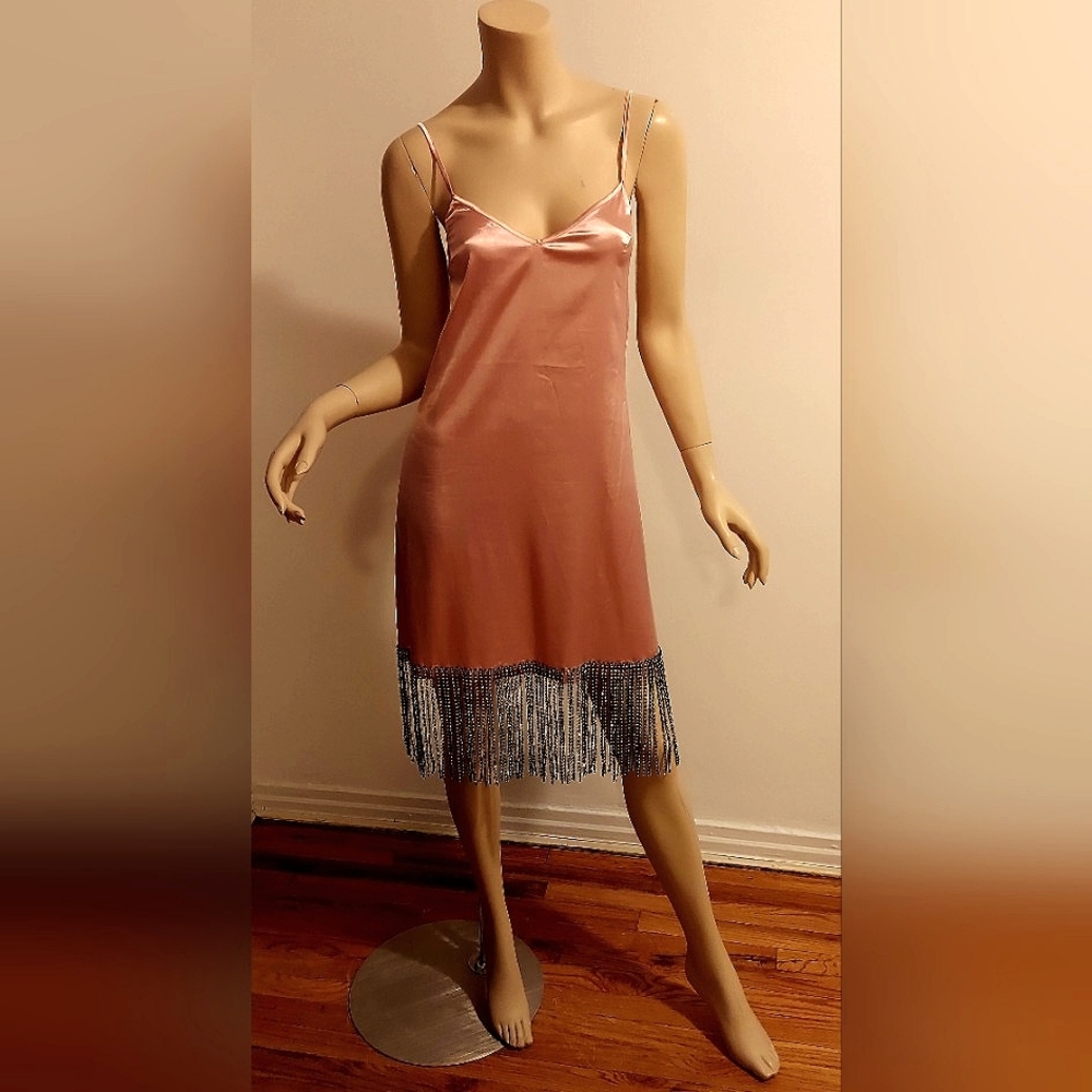 JOHN GALLIANO Ballet Pink  slip dress w/Chain Rhinestone Fringe